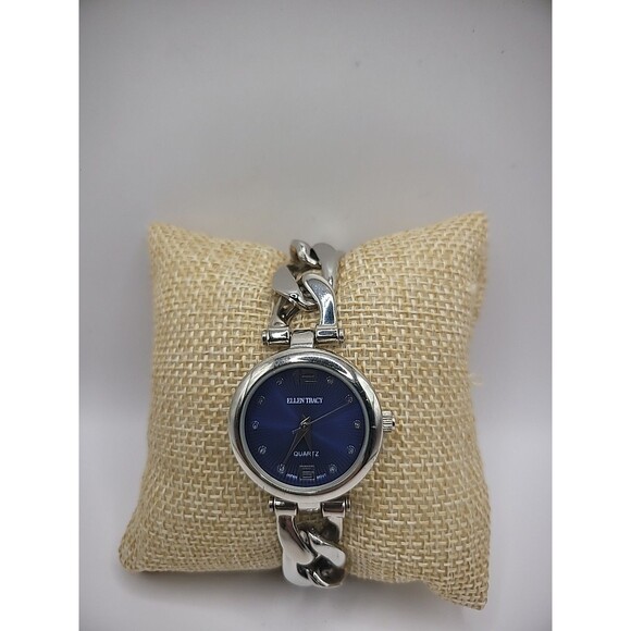 Vintage Ellen Tracy Wristwatch Watch Silver Tone Blue Silver Tone Jewelry - Picture 1 of 11